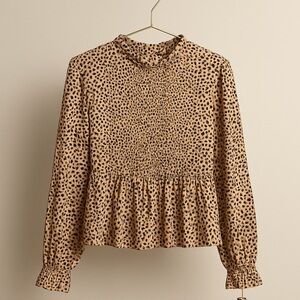 Tan and Cream Ruffled Peplum Blouse with Mandarin Collar